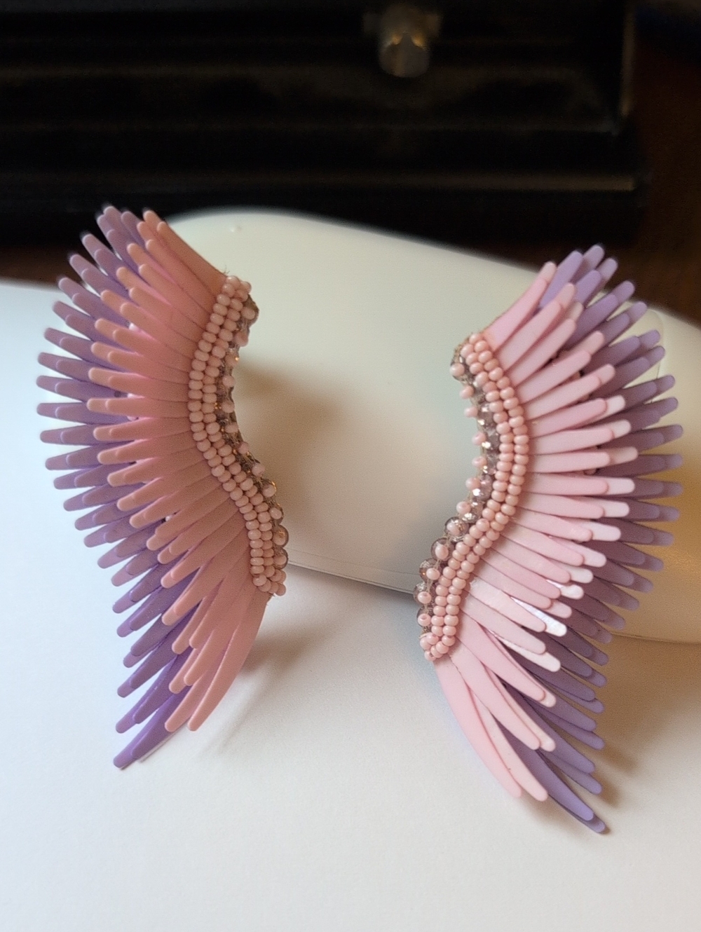 Mignonne Gavigan Midi Madeline Beaded Wing Earrings in Lavender & Pink EUC